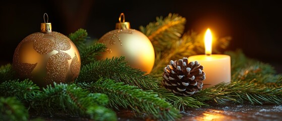 Golden Christmas: Candle Ornaments Pinecone Evergreen 
