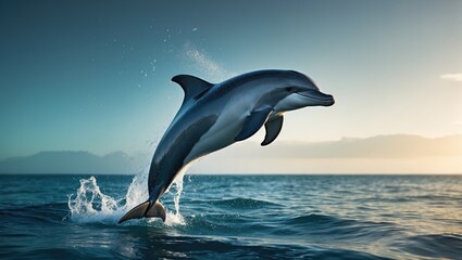 Obraz premium Dolphin jumping out of the water viewed from behind.