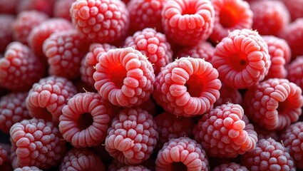 Frozen red raspberries with a frosted appearance.