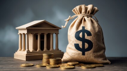 Dollar money bag and government bank building. Budgeting and tax collection. State debt. GDP and GNP. Placing deposits and lending loans. Monetary policy. Supporting businesses during crises.