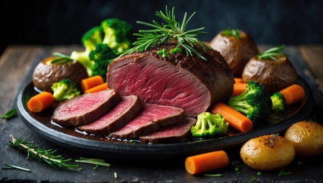 Meal featuring rare roast beef accompanied by organic root vegetables, traditional pudding, and roast potatoes, set against a dark rustic background with ample space for text.