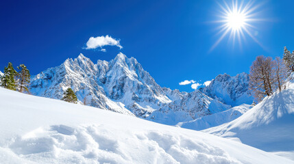 Obraz premium stunning mountain range with jagged peaks covered in snow, under bright sun