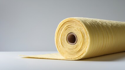 Roll of insulation material made of fiberglass, set against a plain background.