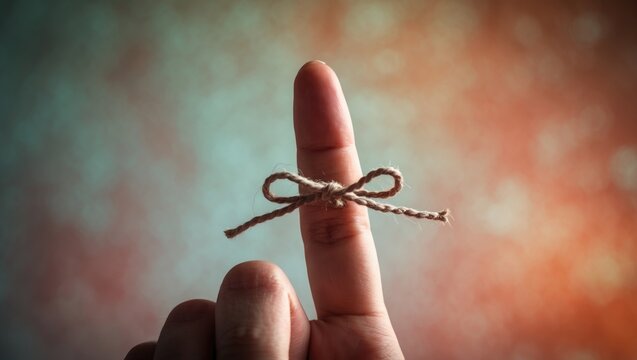 Rope bow tied on a finger pointing upward