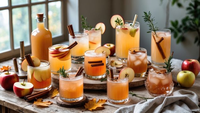 Variety of cocktails and mocktails featuring apple cider in a bright and airy environment, ideas for brunch drinks.