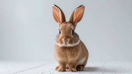 Portrait of a red bunny rabbit facing forward to the viewer against a white background.