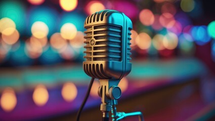 Retro mic with a blurred background and space for text.