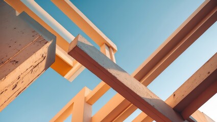 Abstract architecture detail for background. Close-up view of a geometric structure featuring dark yellow and orange concrete beam fragments contrasted with a blue sky. Shapes and forms of intersec...