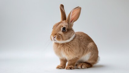 Portrait of a red bunny rabbit facing the viewer against a white background.