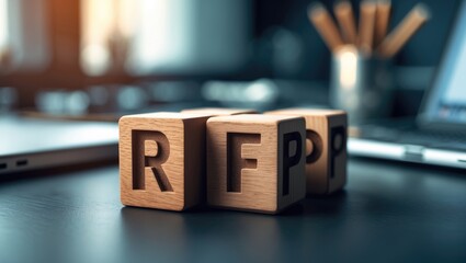 Blocks spelling RFP positioned on a desk represent the request for proposals frequently used in a professional business environment.