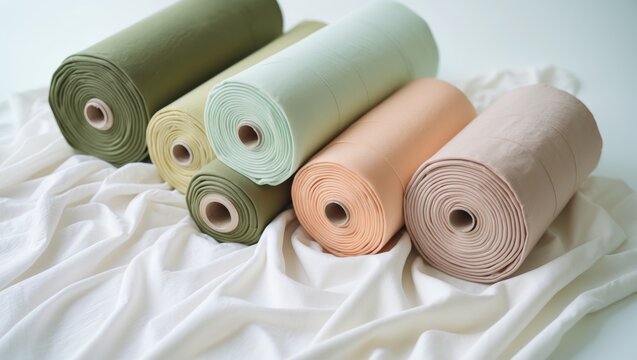 Rolls of pastel color fabric placed on a white background.