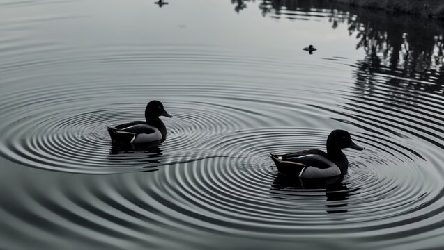 Two small black ducks on a lake are creating concentric circular water ripples around them. Interference of ripples. Strong reflection in the water - nearly monochrome. - Powered by Adobe