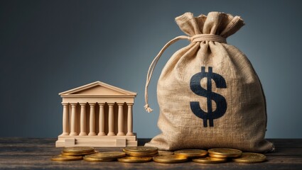 Dollar money bag and bank government building. Tax collection and budgeting. State debt. GDP and GNP. Lending loans, making deposits. Monetary policy. Supporting businesses during crises.