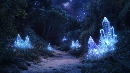 Glowing Crystal Pathway: Starry Night Forest Scene 