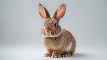 Obraz premium Red bunny rabbit portrait facing the viewer against a white background.