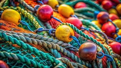 Fototapeta premium Macro Shot: Colorful Fishing Net Floats & Knots - Detailed Texture