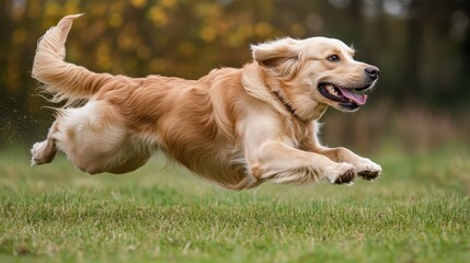 A golden dog running and jumping in the green grass field