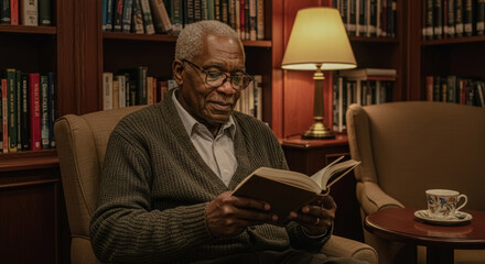 An older gentleman sits comfortably in a plush chair, engrossed in a book on a cruise ship library