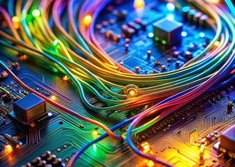 Fototapeta premium Macro Shot of Circuit Board with Colorful Wires - Programming Code Detail