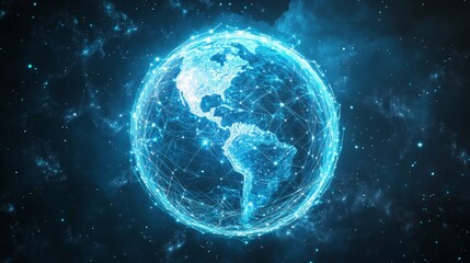 Fototapeta premium Glowing Blue Digital Earth Network in Dark Space