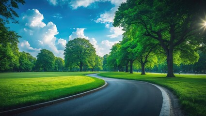 Green city park under a blue sky. Pathway along beautiful trees for running, walking, and cycling to relax on the green grass field beside it. Concept of sunlight and flare background.