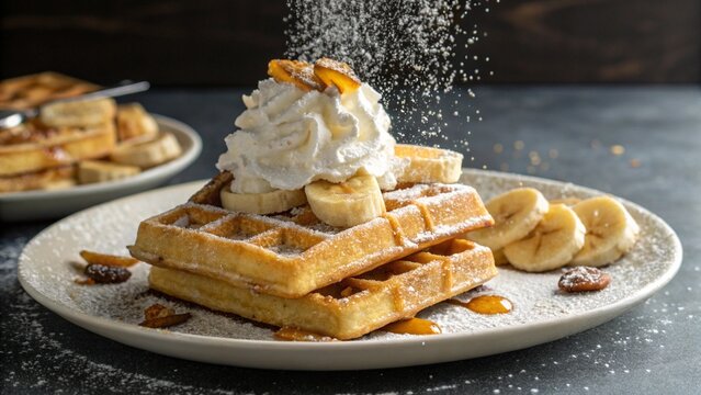 Stack of golden waffles with fresh banana slices, whipped cream, and powdered sugar, elegantly served on a white plate, ideal for food photography.
