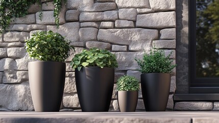 Stylish modern planters with green plants placed against a stone wall.
