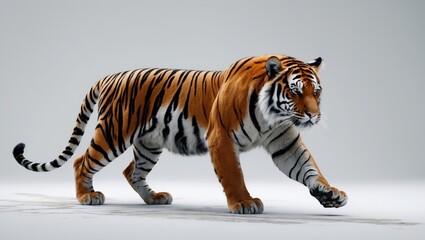 Obraz premium Royal tiger isolated on a white background with clipping path included. The tiger is focused on its prey. Hunter theme.