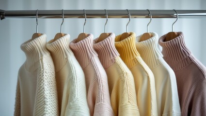 Row of turtleneck sweaters that are knitted and displayed on hangers. Brightly colored sweaters.