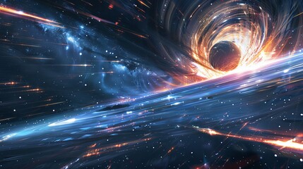 A stunning cosmic scene depicting a swirling black hole, surrounded by vibrant cosmic phenomena in a vast universe.
