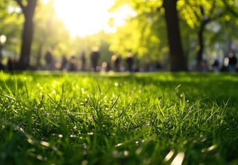 Naklejka premium Tranquil Sunlit Park Scene Featuring Lush Green Grass and Soft Light with People Enjoying Nature in the Background