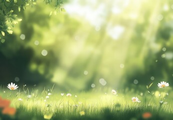 Obraz premium Tranquil Sunlit Landscape with Daisies and Gentle Bokeh Highlights in a Green Field Surrounded by Nature's Beauty and Serenity