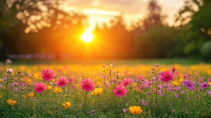 Obraz premium Sunset over colorful cosmos field