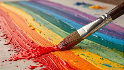 Obraz premium Close-up of a paintbrush applying vibrant red paint over a colorful rainbow spectrum on canvas, emphasizing artistic creation and the joy of painting. 