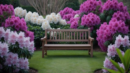 Garden of Rhododendron flowers featuring a bench.