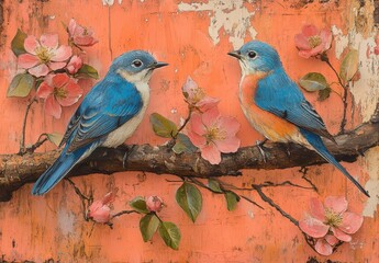 Obraz premium Two Colorful Birds Sitting on a Branch Surrounded by Delicate Pink Flowers Against a Textured Coral Background