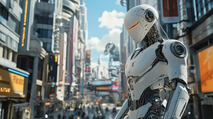 Fototapeta premium A futuristic white robot stands in a busy city environment
