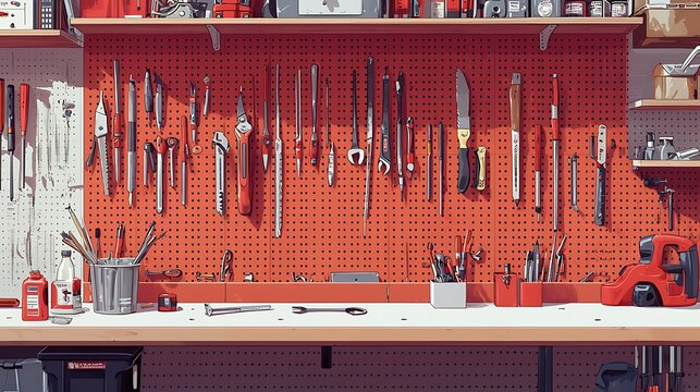 Organized workshop tools neatly displayed on a pegboard wall and workbench.  Various hand tools, including wrenches, screwdrivers, knives, and more, are hanging from pegs.  