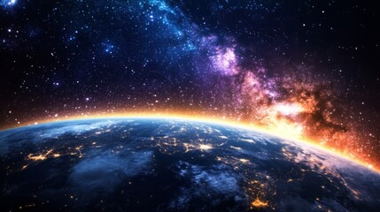 Earth at Night with Vibrant Galaxy