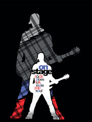 Vector illustration of stylized guitar player silhouette with text and background texture. Art for prints on t-shirts, posters, etc...