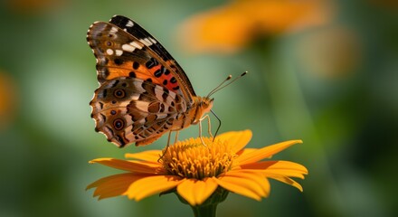 Obraz premium A vibrant butterfly rests on a bright yellow flower, displaying its intricate wing patterns. The blurred background enhances the serene beauty of nature, capturing the essence of spring.