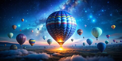 Fototapeta premium Magical Night: Flying Blue Egg Atop Colorful Air Balloons - Dreamy Fantasy Scene