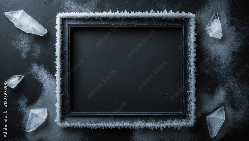 Wall mural a frame featuring a frosty pattern of ice crystals against a black backdrop. an abstract ice structu
