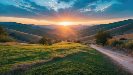 View from a flying drone of a mountainous valley featuring an old country road. A stunning summer landscape of mountains and a village setting. Concept background showcasing the beauty of nature.