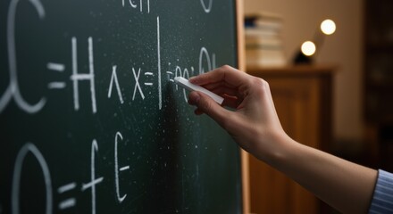 A hand writes mathematical equations on a chalkboard, highlighting variables and functions in a cozy study environment that promotes education and learning.