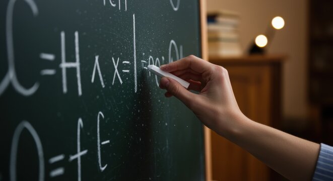 A hand writes mathematical equations on a chalkboard, highlighting variables and functions in a cozy study environment that promotes education and learning. - Powered by Adobe