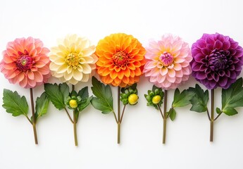 Obraz premium Vibrant and Colorful Dahlia Flowers Arranged Beautifully on a White Background for Nature and Floral Designs