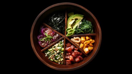  Deconstructed Hawaiian poke bowl with tuna, avocado, nori, and soy sauce in wooden dish on black background