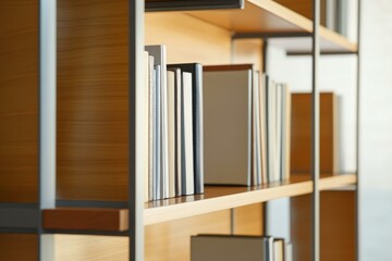 Fototapeta premium Minimalist bookshelf with hardcover mockups in modern interior setting for creative design and decor inspiration