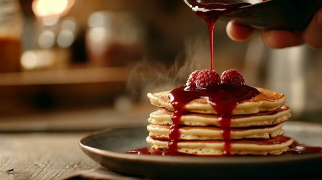  Gourmet Russian oladyi pancakes with raspberry syrup and fresh berries on rustic wooden backdrop, steaming hot